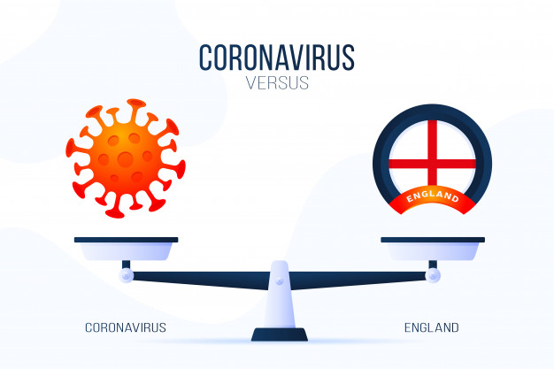 coronavirus england illustration creative concept scales versus one side scale lies virus covid 19 other uk flag icon flat illustration 7280 3438